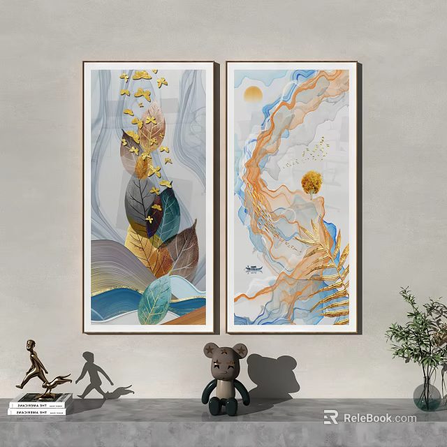 Two Panel Modern Abstract Wall Art With Golden Leaves And Ocean Wave Patterns 3d model