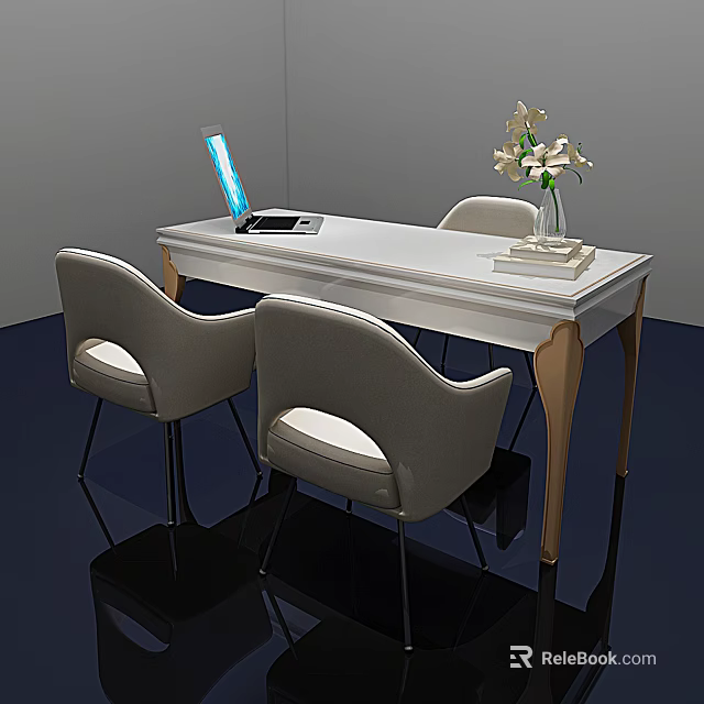 Boutique Store Interior With White Table Laptop Vase White Flowers Gray Chairs Wooden Legs 3d model 