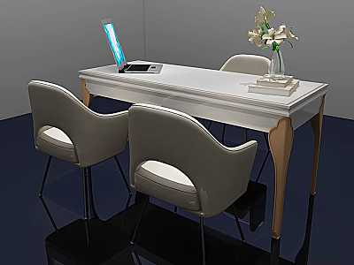 Boutique Store Interior With White Table Laptop Vase White Flowers Gray Chairs Wooden Legs 3d model