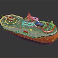 Red And White Water Transport Vessel With Green Deck Helicopter Pad And Equipment