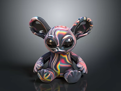 Iridescent Alien Toy Figure With Large Eyes Big Ears And Colorful Glossy Surface 3d model