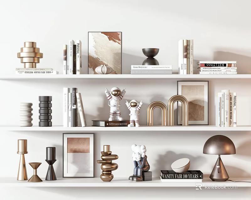 Stylish Decorative Ornament Set With Books Sculptures Photo Frames And Astronaut Figurines On White Shelves 3d model 