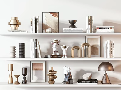 Stylish Decorative Ornament Set With Books Sculptures Photo Frames And Astronaut Figurines On White Shelves 3d model