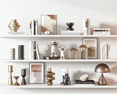 Stylish Decorative Ornament Set With Books Sculptures Photo Frames And Astronaut Figurines On White Shelves 3d model