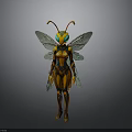 Insect Like Female Character With Orange Black Exoskeleton Costume Green Eyes And Wings