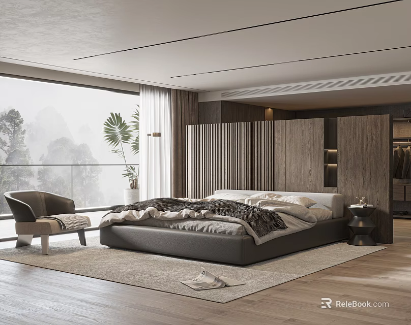 Modern Bedroom Interior Featuring Large Bed Wooden Partition Armchair Plant Rug And Mountain View Window 3d model 