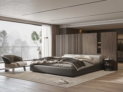 Modern Bedroom Interior Featuring Large Bed Wooden Partition Armchair Plant Rug And Mountain View Window 3d model
