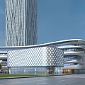 Modern Office Building With Curved Glass Facade And Plaza Area For Pedestrians