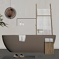 Modern Minimalist Bathroom Bathtub With Wooden Ladder Towels Slippers And Plant