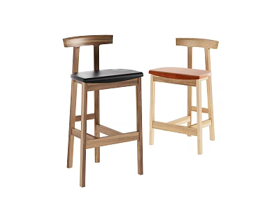Sturdy Modern Wooden Bar Stools With Simple Backrest And Black Brown Seats 3d model