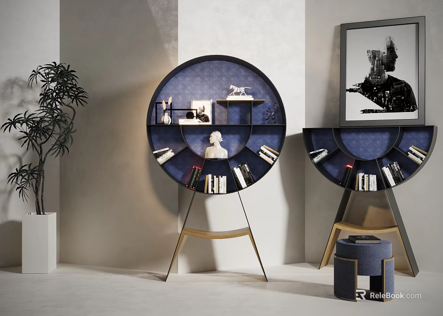 Elegant Round Blue Console Side Cabinet With Metal Frame Displaying Books And Decorative Items 3d model