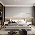 Modern Bedroom With Glass Door Wardrobe Vertical Striped Bedhead Wall Lighting Nightstand And Books