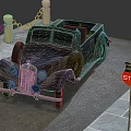 Rusty Vintage Car Parked Near Red Stop Sign With Yellow Bollards And Chains
