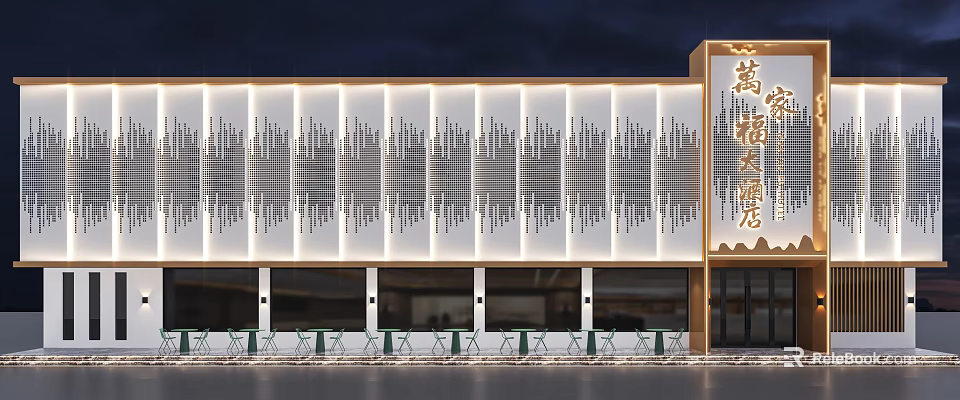 Modern Storefront Facade With Vertical Stripe Grille Lighting Glass Windows And Outdoor Seating 3d model 
