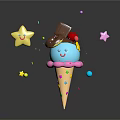 Colorful Blue Ice Cream Cone With Happy Face Topped With Chocolate Cherry Donut Star Decorations