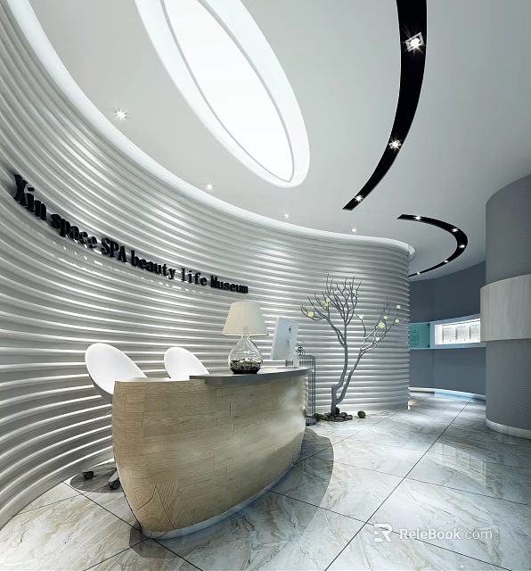 Luxury Hotel Lobby Reception Desk With Modern Curved Wall White Chairs And Decorative Tree 3d model 