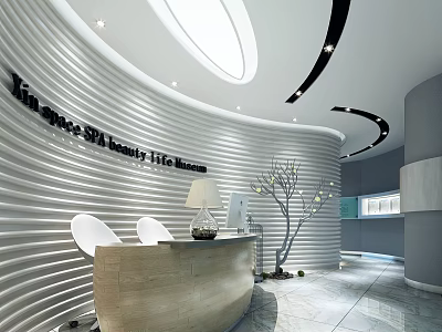 Luxury Hotel Lobby Reception Desk With Modern Curved Wall White Chairs And Decorative Tree 3d model