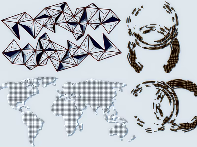 Abstract Geometric Shapes Polygonal Patterns Dotted Circular Designs And Grid World Map Artwork 3d model