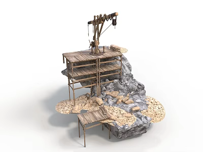 Industrial Equipment Model Featuring Wooden Platform And Rocky Terrain With Crane Structure 3d model