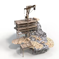 Industrial Equipment Model Featuring Wooden Platform And Rocky Terrain With Crane Structure