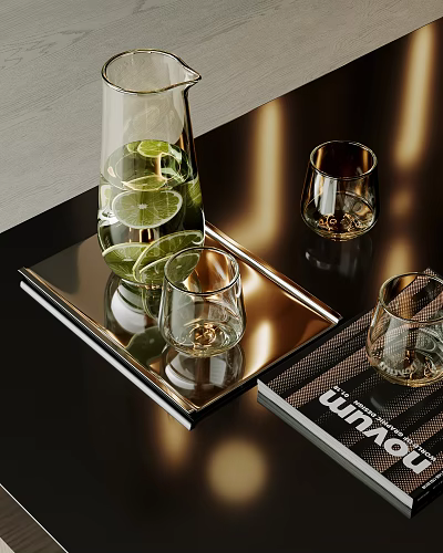 Elegant Glass Tea Set With Kettle Lemon Slices And Cups On Metal Tray 3d model