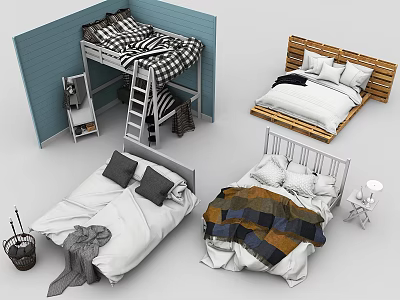 Stylish Double Bed Designs With Wooden Headboard White Frame And Quilted Bedding 3d model