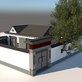 Rural Self-built House With Dark Tile Roof White Wall Black Framed Windows And Moon Gate