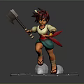 Animated Red Haired Character Holding Axe Standing On Stone Brick Base Figurine