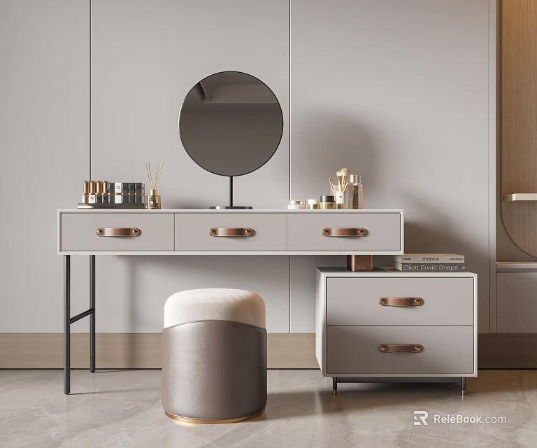 Modern Dressing Table With Round Mirror And Storage Drawers And Matching Stool For Cosmetics 3d model