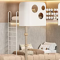 Cozy Children's Bunk Bed With Beige Ladder Padded Mattress Soft Pillows And Gray Walls