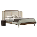 Modern Double Bed With Rattan Headboard Wooden Frame Pillows Quilt And Nightstand