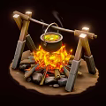 Cartoon Scene With Hanging Cauldron Over Burning Bonfire And Wooden Frame