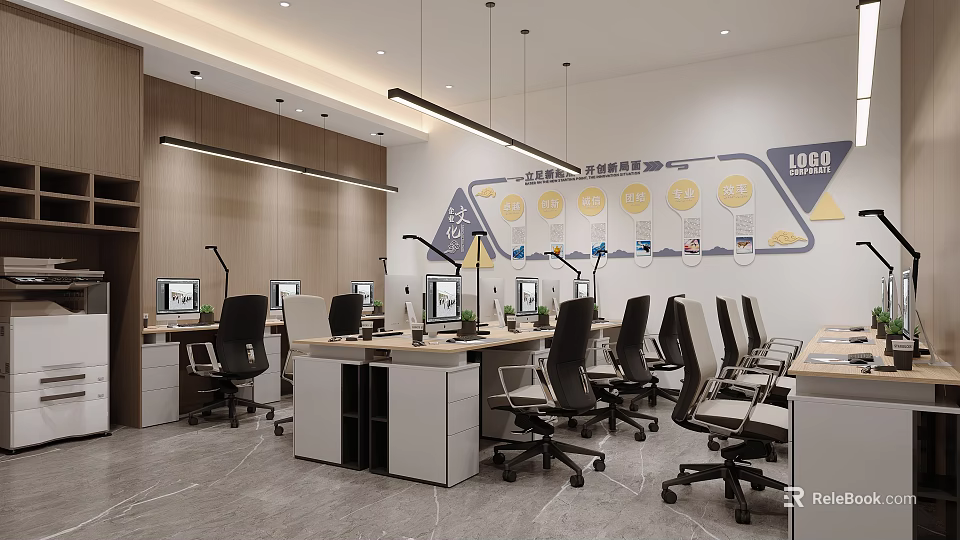 Modern Office Interior Design With Desks Chairs Computers Hanging Lights And Wall Charts 3d model 