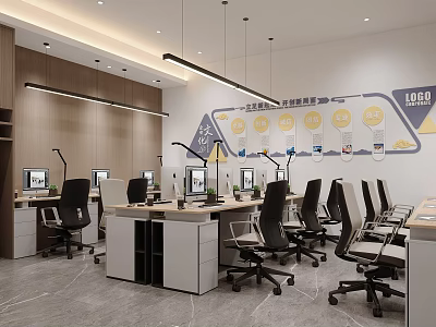 Modern Office Interior Design With Desks Chairs Computers Hanging Lights And Wall Charts 3d model