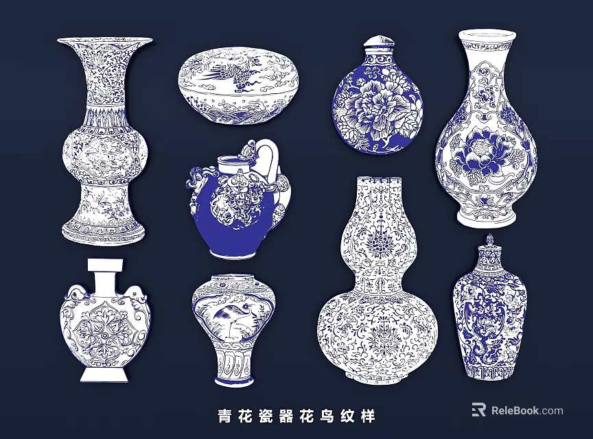 Traditional Blue and White Porcelain Pendants with Flower and Bird Patterns for Decoration 3d model 