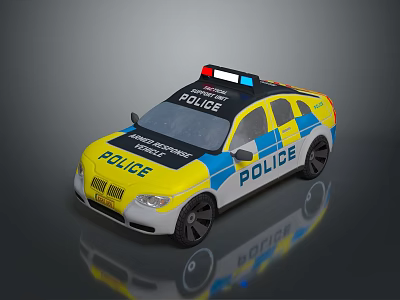 Yellow And Blue Police Car With Emergency Services Sign Flashing Lights And Black Wheels 3d model