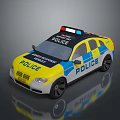 Yellow And Blue Police Car With Emergency Services Sign Flashing Lights And Black Wheels