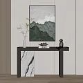 Modern Console Table With Green Abstract Painting Marble Top And Decorative Items