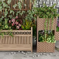 Charming Garden Decor With Layered Wooden Planters Green Plants Colorful Flowers Lattice Backdrop And Pebbles