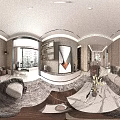 Modern Minimalist Living And Dining Room Interior With Sofa Area Rug And Decorative Painting