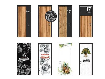 Stylish Hinged Doors In Various Designs Including Wooden And Decorative Patterns 3d model