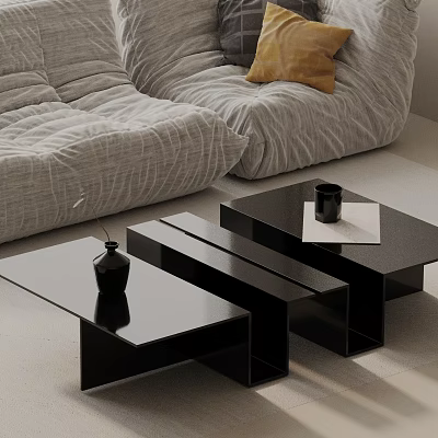 Modern Light Gray Sofa With Yellow Cushion And Black Glass Coffee Table Set 3d model