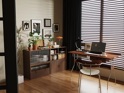 Cozy Study Room Interior With Wooden Desk Laptop Bookshelf Potted Plants And Window Blinds 3d model