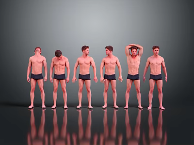 Shirtless Men In Various Poses With Black Shorts On Reflective Floor 3d model