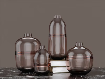 Brown Glass Vases In Different Sizes Placed On Marble Tabletop For Home Decor 3d model