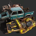 Rusted Abandoned Trucks With Damaged Parts In Junkyard Blue And Yellow