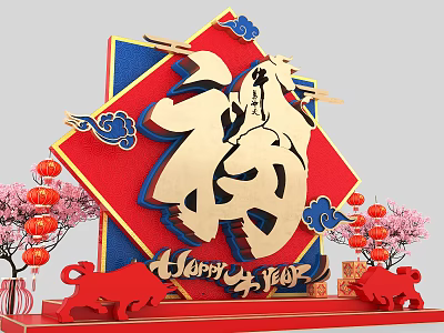 Chinese New Year Decor With Fu Character Ox Figures Red Lanterns And Peach Trees 3d model