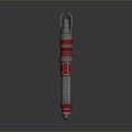 Military Missile Weapon with Red Silver Casing Blue Glowing Section Cylindrical Pointed Tip Rear Thruster