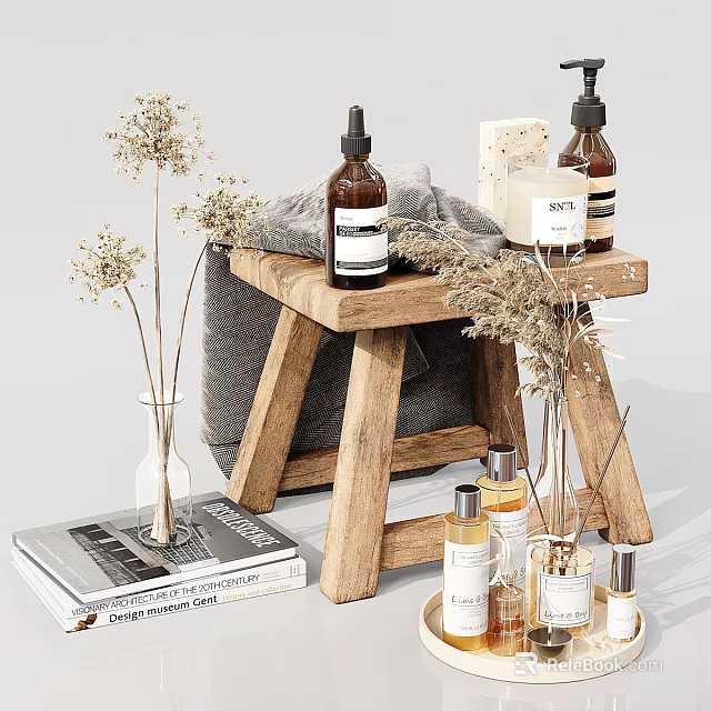 Elegant Bathroom Accessories on Wooden Stool with Bath Products Dried Flowers and Towels 3d model 