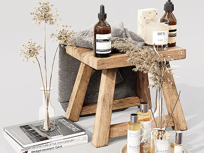 Elegant Bathroom Accessories on Wooden Stool with Bath Products Dried Flowers and Towels 3d model